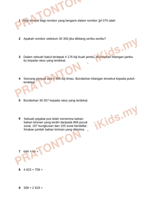 Pratonton muka 1 lembaran 1 Nilai tempat bagi nombor yang bergaris dalam nombor 34 075 ialah — Matematik Tahun 4