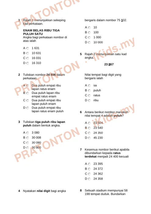 Pratonton muka 1 lembaran Latihan Matematik — Matematik Tahun 4