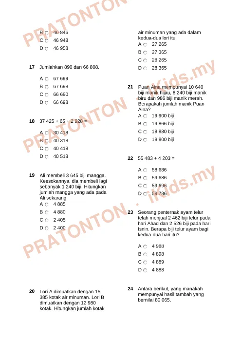 Pratonton muka 3 lembaran Latihan Matematik — Matematik Tahun 4