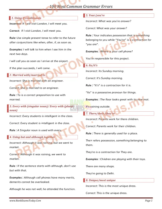Pratonton muka 1 lembaran 100 Most Common Grammar Errors — Bahasa Inggeris Tahun 1