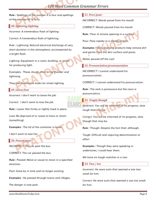Pratonton muka 8 lembaran 100 Most Common Grammar Errors — Bahasa Inggeris Tahun 1