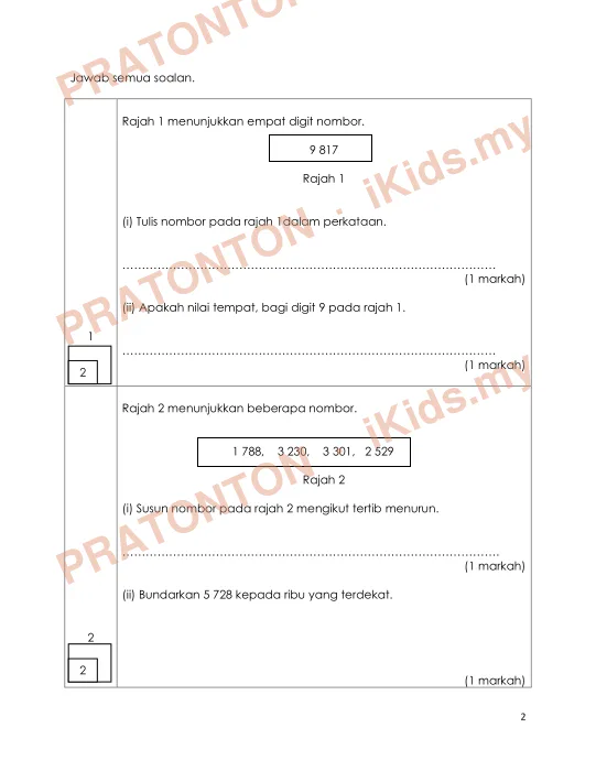 Pratonton muka 1 lembaran Kertas Soalan Matematik 9 — Matematik Tahun 3