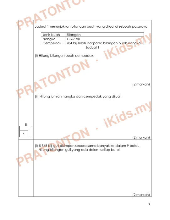 Pratonton muka 6 lembaran Kertas Soalan Matematik 9 — Matematik Tahun 3