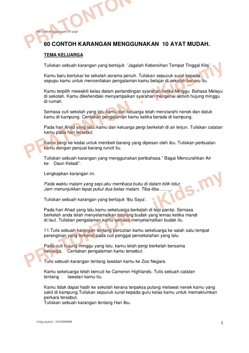 Pratonton muka 1 lembaran 60 Contoh Karangan Menggunakan 10 Ayat Mudah — Bahasa Melayu Tahun 6