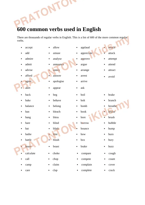 Pratonton muka 1 lembaran 600 Kata Kerja Bahasa Inggeris Yang Kerap Digunakan — Bahasa Inggeris Tahun 6