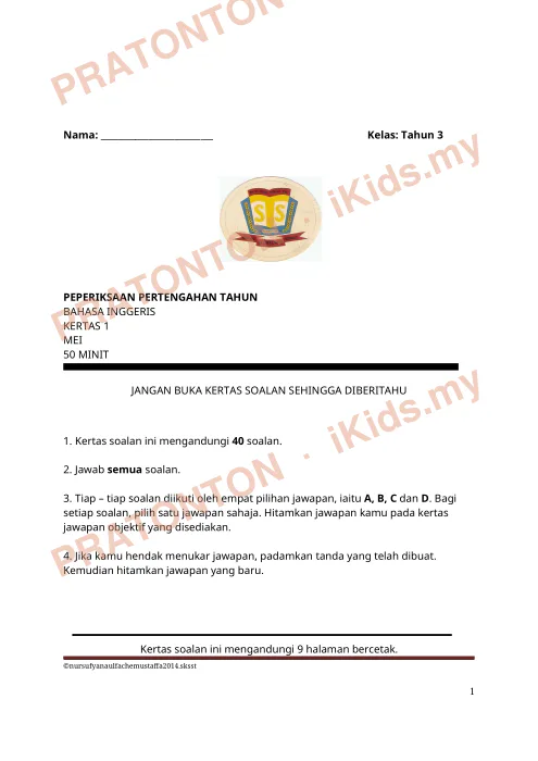 Pratonton muka 1 lembaran Kertas Soalan Bahasa Inggeris 35 — Bahasa Inggeris Tahun 3