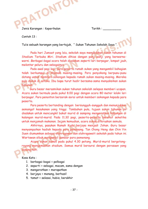 Pratonton muka 37 lembaran 74 Contoh Latihan Karangan Sekolah Rendah — Bahasa Melayu Tahun 6