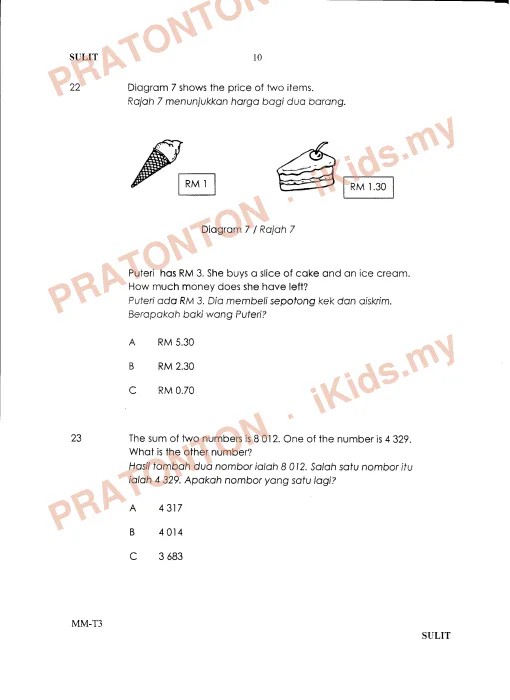 Pratonton muka 10 lembaran Kertas Soalan Matematik 10 — Matematik Tahun 3