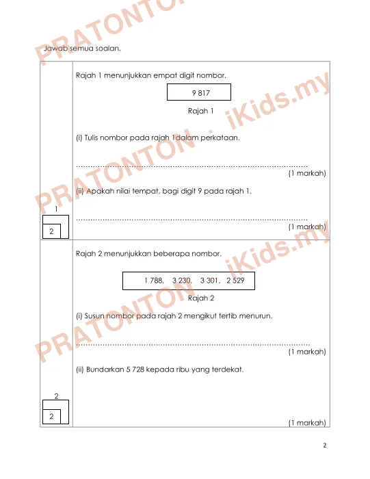 Pratonton muka 1 lembaran Kertas Soalan Matematik 7 — Matematik Tahun 3