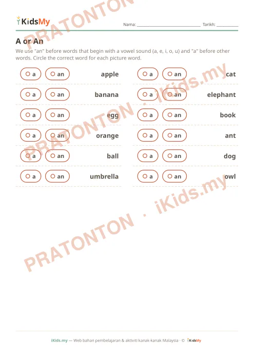 Pratonton muka 1 lembaran A or An — Bahasa Inggeris Tahun 2