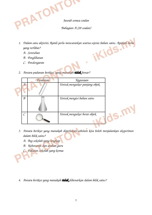 Pratonton muka 1 lembaran A. Sentuhan — Sains Tahun 1