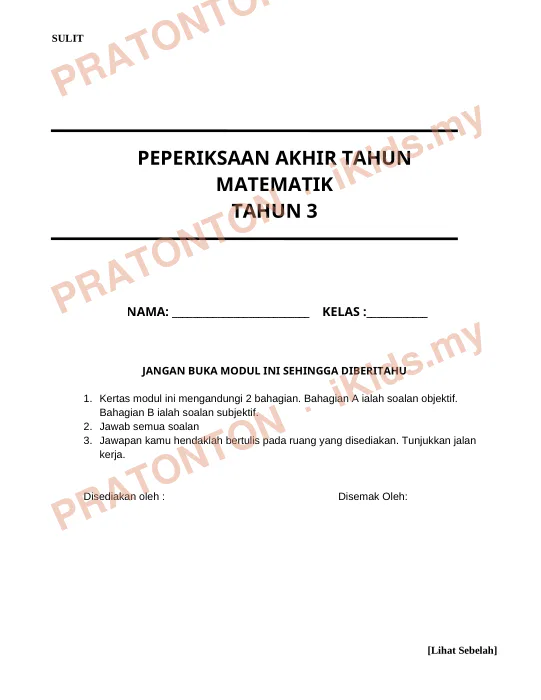 Pratonton muka 1 lembaran Kertas Soalan Matematik 13 — Matematik Tahun 3