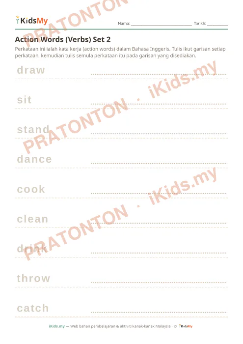 Pratonton muka 1 lembaran Action Words (Verbs) Set 2 — Bahasa Inggeris Tahun 1