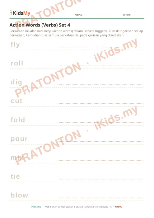 Pratonton muka 1 lembaran Action Words (Verbs) Set 4 — Bahasa Inggeris Tahun 1