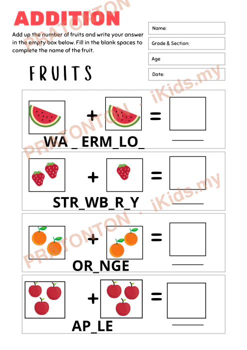 Pratonton muka 1 lembaran ADDITION — Bahasa Inggeris Tahun 1