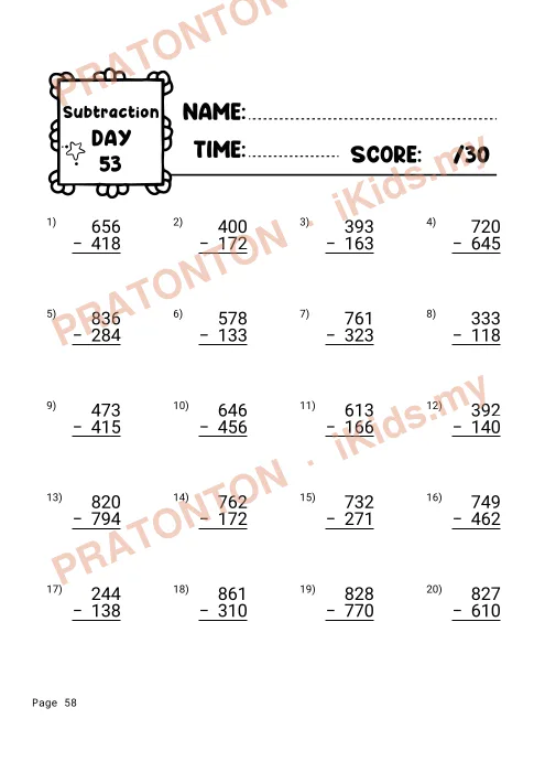 Pratonton muka 58 lembaran Addition and Subtraction Workbook for Grade 4 — Matematik Tahun 4