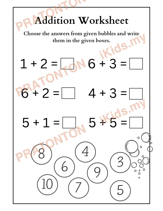 Pratonton muka 1 lembaran Addition Worksheet — Matematik Tahun 1