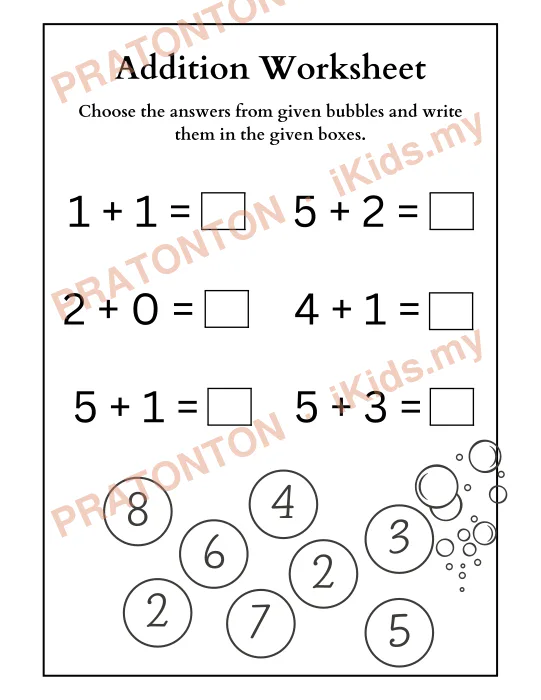 Pratonton muka 3 lembaran Addition Worksheet — Matematik Tahun 1