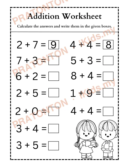 Pratonton muka 1 lembaran Addition Worksheet — Matematik Tahun 1