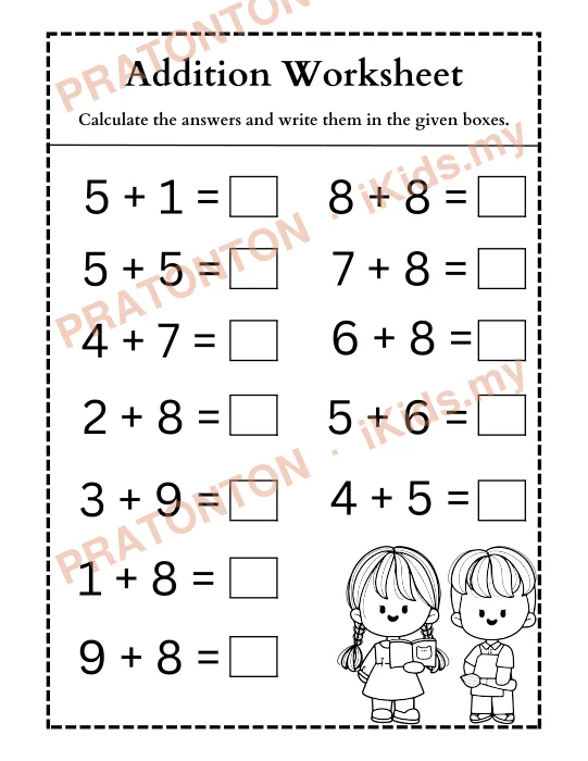 Pratonton muka 10 lembaran Addition Worksheet — Matematik Tahun 1