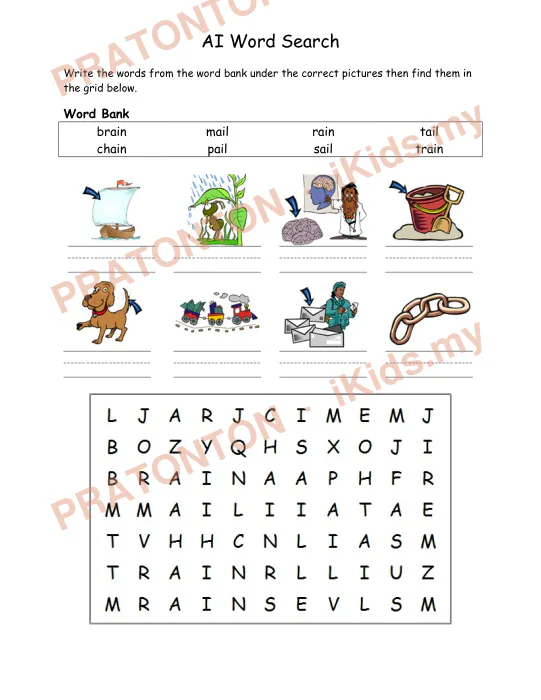 Pratonton muka 1 lembaran AI Word Search — Bahasa Inggeris Tahun 1