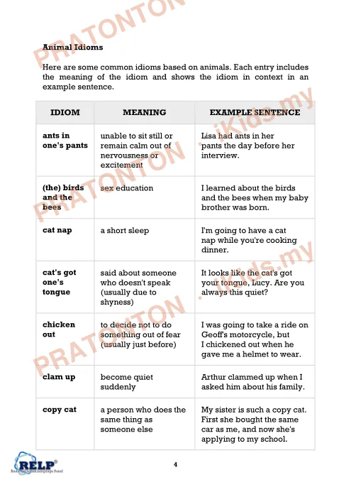Pratonton muka 1 lembaran Animal Idioms — Bahasa Inggeris Tahun 1