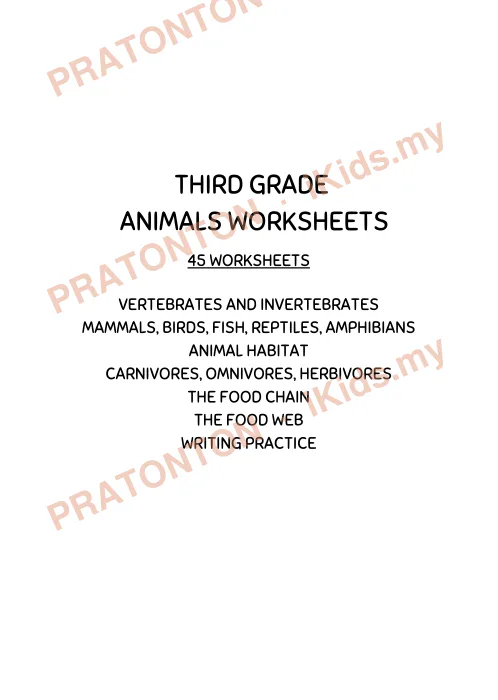 Pratonton muka 1 lembaran ANIMALS WORKSHEETS — Sains Tahun 3