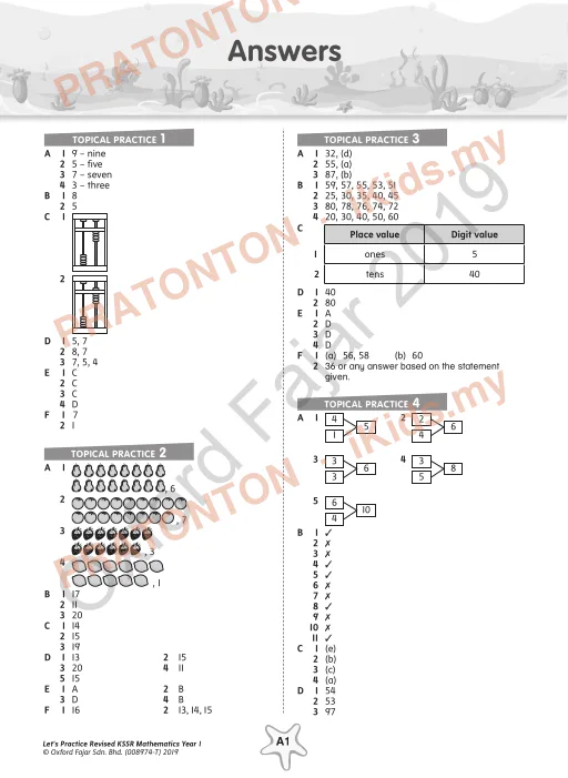 Pratonton muka 1 lembaran Answers — Matematik Tahun 1