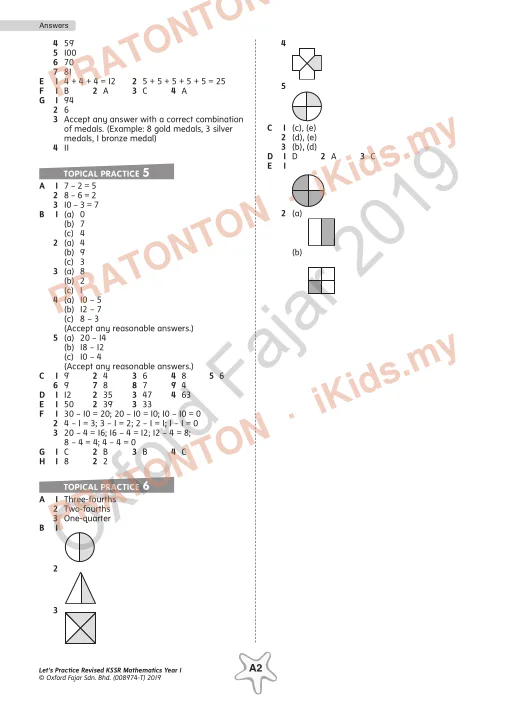 Pratonton muka 2 lembaran Answers — Matematik Tahun 1