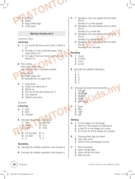 Pratonton muka 2 lembaran ANSWERS — Bahasa Inggeris Tahun 1