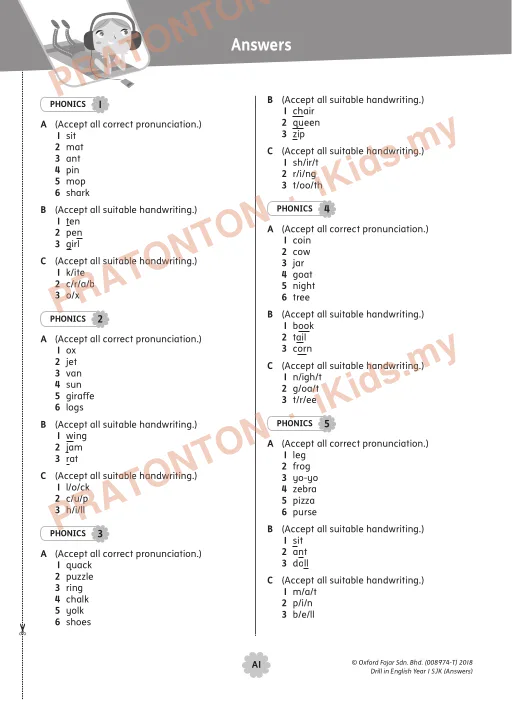 Pratonton muka 1 lembaran Answers — Bahasa Inggeris Tahun 1