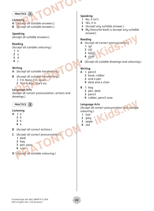 Pratonton muka 2 lembaran Answers — Bahasa Inggeris Tahun 1