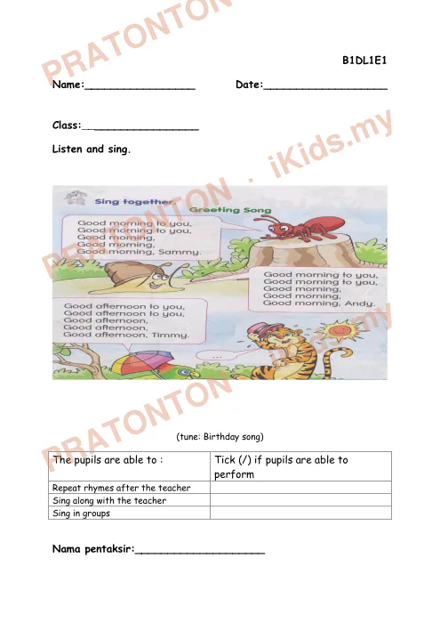 Pratonton muka 1 lembaran B1DL1E1 — Bahasa Inggeris Tahun 1