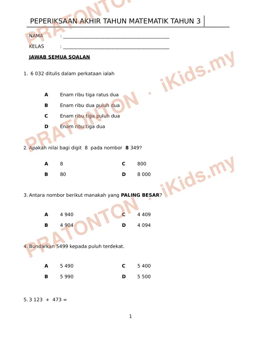 Pratonton muka 1 lembaran Kertas Soalan Matematik 11 — Matematik Tahun 3