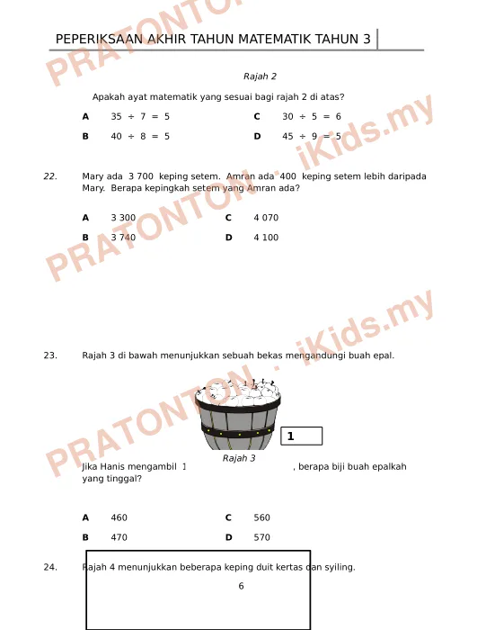 Pratonton muka 6 lembaran Kertas Soalan Matematik 11 — Matematik Tahun 3
