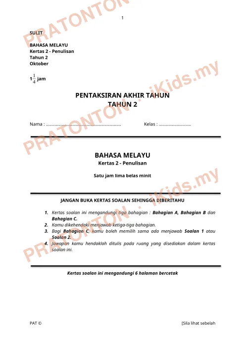 Pratonton muka 1 lembaran Kertas Soalan Bahasa Melayu 6 — Bahasa Melayu Tahun 2