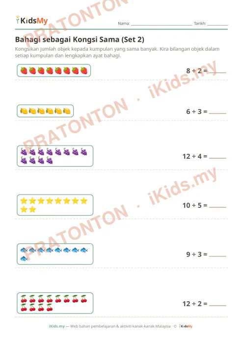 Pratonton muka 1 lembaran Bahagi sebagai Kongsi Sama (Set 2) — Matematik Tahun 1