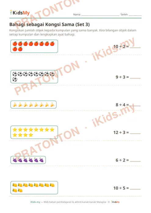Pratonton muka 1 lembaran Bahagi sebagai Kongsi Sama (Set 3) — Matematik Tahun 1