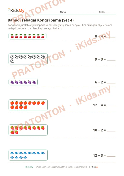 Pratonton muka 1 lembaran Bahagi sebagai Kongsi Sama (Set 4) — Matematik Tahun 1