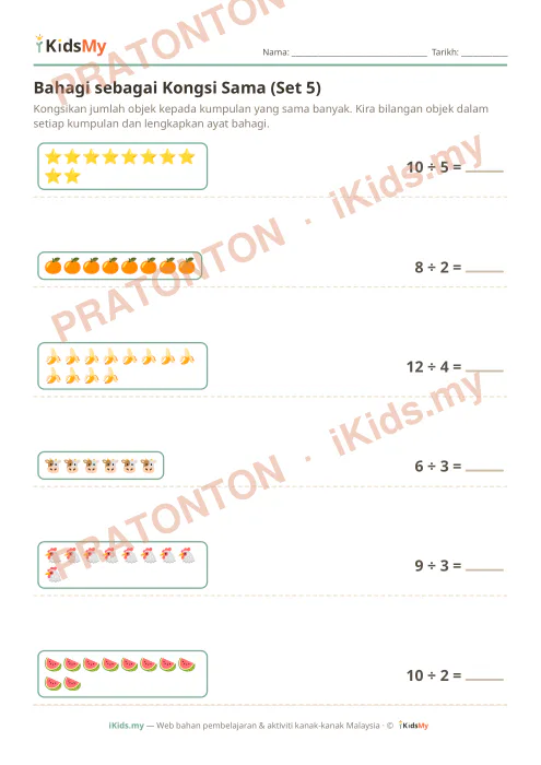 Pratonton muka 1 lembaran Bahagi sebagai Kongsi Sama (Set 5) — Matematik Tahun 2