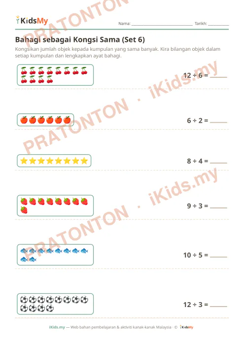 Pratonton muka 1 lembaran Bahagi sebagai Kongsi Sama (Set 6) — Matematik Tahun 2