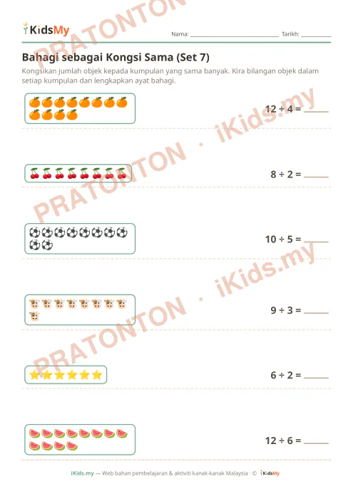 Pratonton muka 1 lembaran Bahagi sebagai Kongsi Sama (Set 7) — Matematik Tahun 2