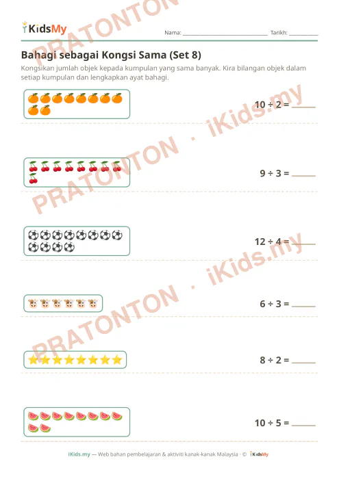 Pratonton muka 1 lembaran Bahagi sebagai Kongsi Sama (Set 8) — Matematik Tahun 2
