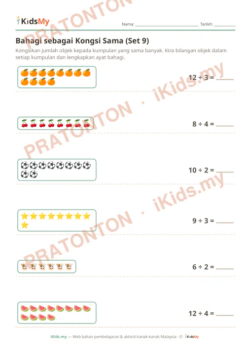 Pratonton muka 1 lembaran Bahagi sebagai Kongsi Sama (Set 9) — Matematik Tahun 2