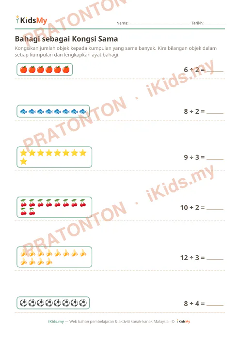 Pratonton muka 1 lembaran Bahagi sebagai Kongsi Sama — Matematik Tahun 2