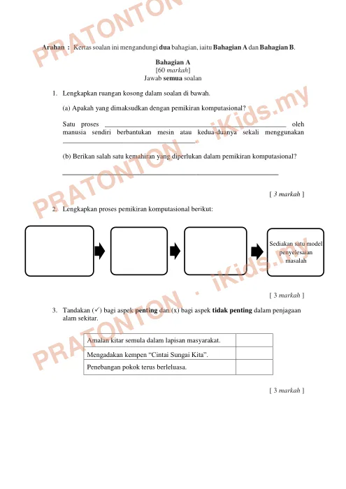 Pratonton muka 1 lembaran Bahagian A — Matematik Tahun 1