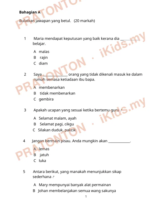 Pratonton muka 1 lembaran Bahagian A — Matematik Tahun 1