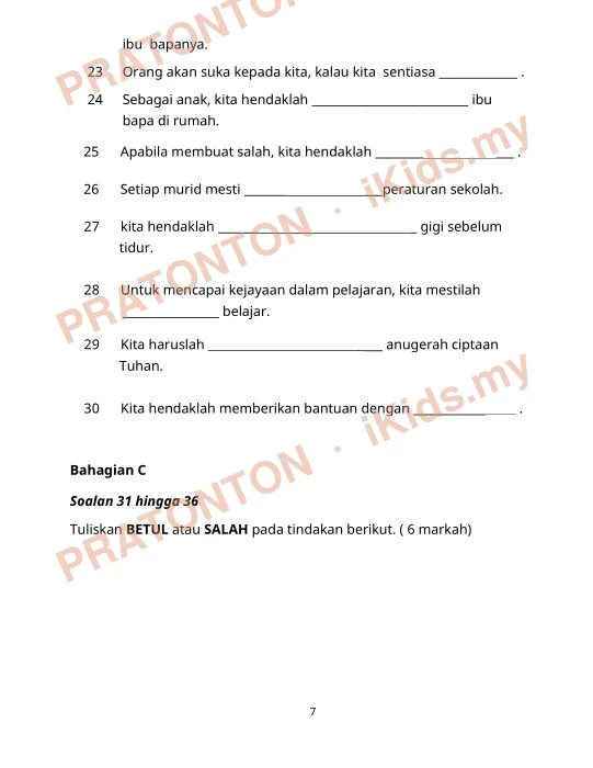 Pratonton muka 7 lembaran Bahagian A — Matematik Tahun 1