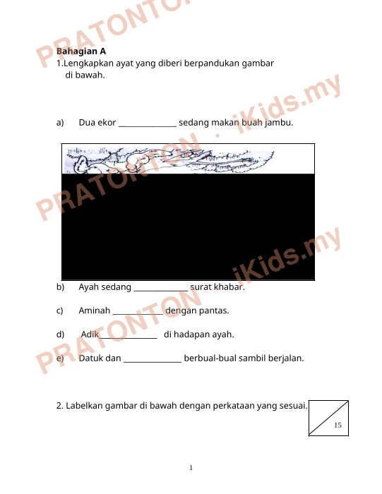 Pratonton muka 1 lembaran Bahagian A — Matematik Tahun 1