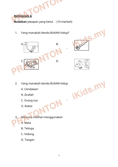 Pratonton muka 1 lembaran BAHAGIAN A — Sains Tahun 1
